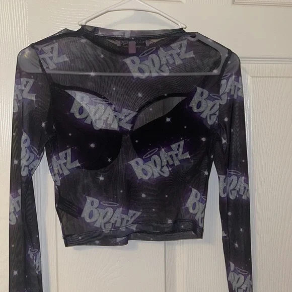XXS Black & Purple Long Sleeve Mesh Bratz X Dolls Kill Crop Top - Picture 2 of 2